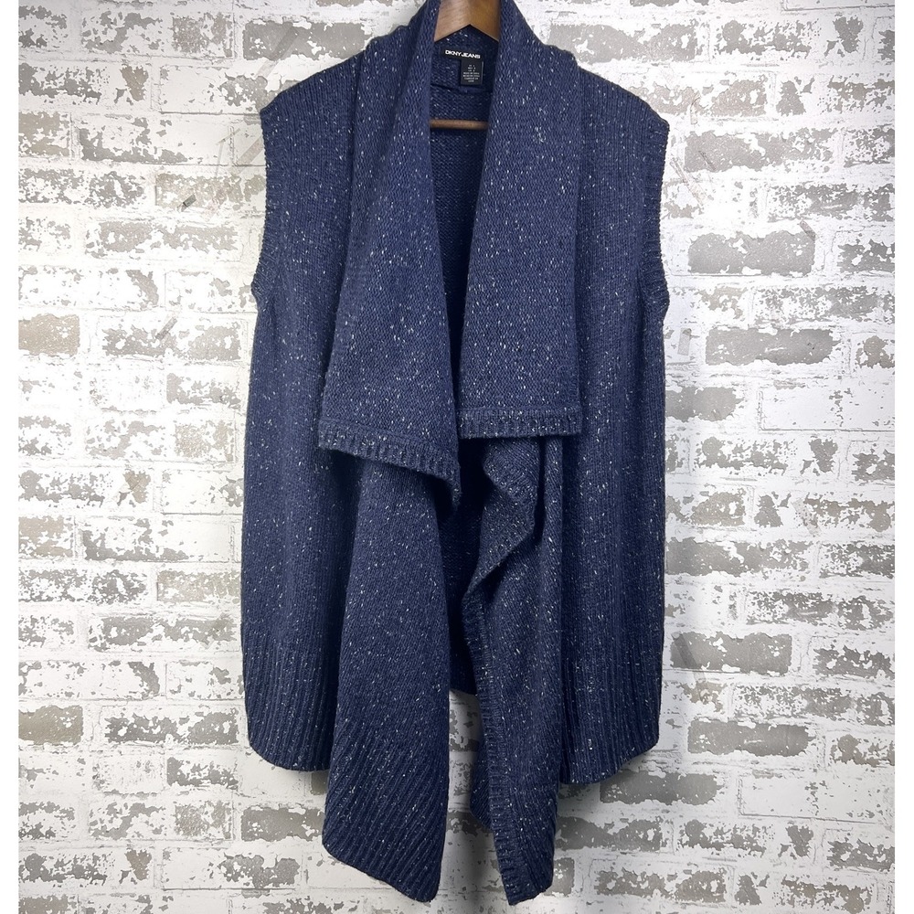 DKNY Wool Blend Speckled Knit Sleeveless Waterfall Cardigan Sweater Sz L Navy